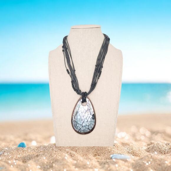 Boutique beaded multi-strand necklace with abalone & wood mosaic teardrop - Picture 8 of 8